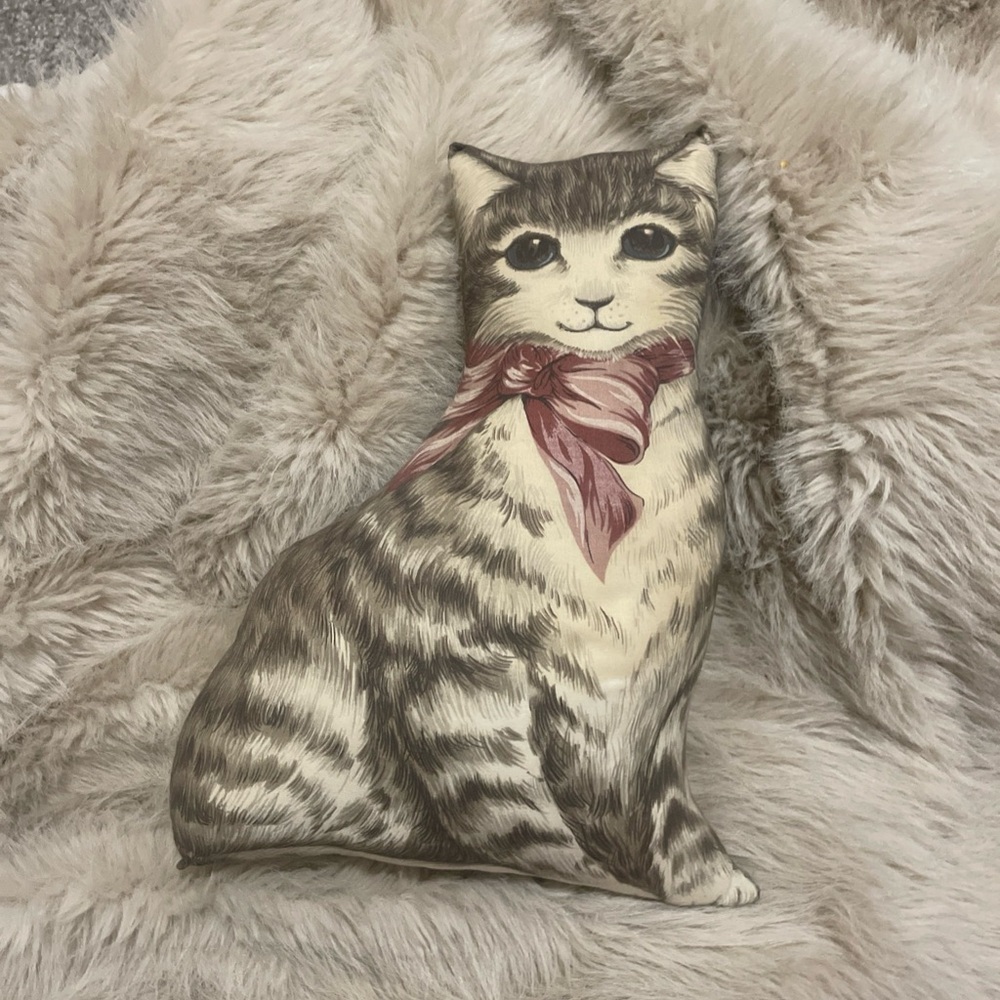 Decorative Cat Throw Pillow with Pink Bow - Neutral Toned Pet Accent